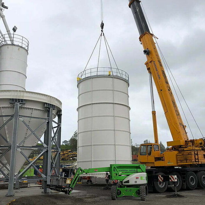 Silo-Install-Cement 500 TPH cement and lime silo with screw conveyors, sizing screen, and bucket elevator supplied and installed by CIL Ltd in New Zealand.