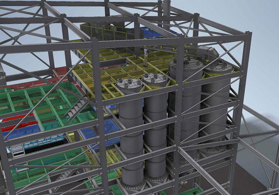 Limestone silos and belt conveyors designed and installed by CIL Ltd for mineral processing facility in NZ.